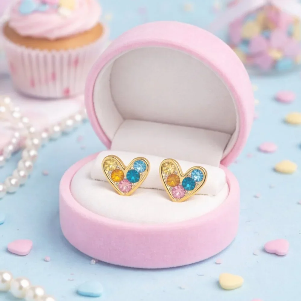 18K Gold Plated Heart Stud Earrings Colorful Zircon Stainless Steel Dainty